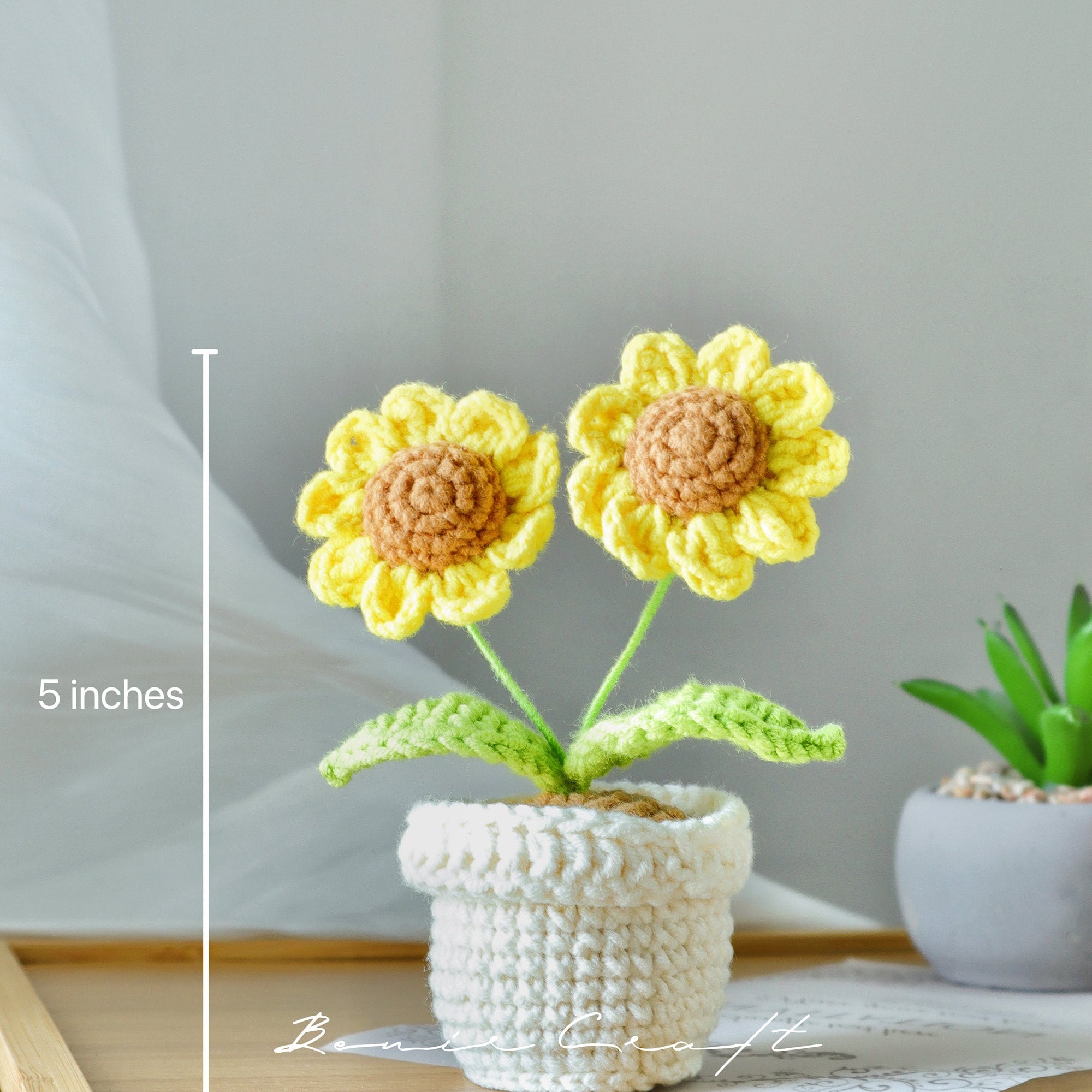 Handmade Crochet Sunflower Pot - 2 Styles | Single Double Stem | Desk Decor - 图片 3