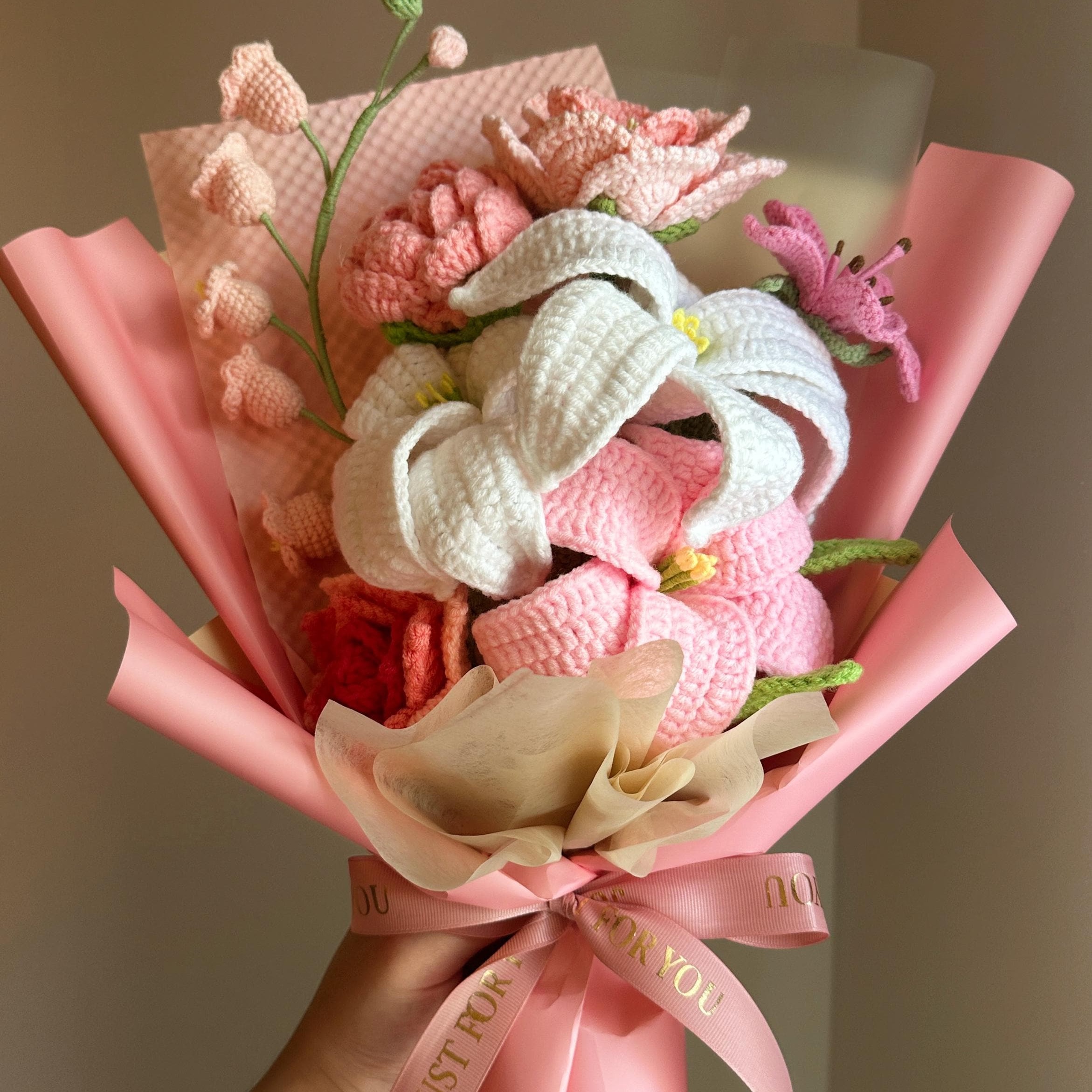 Handmade Crochet Flower Bouquet - 9 Styles | Lily Rose Peach Rainbow | Forever Gift