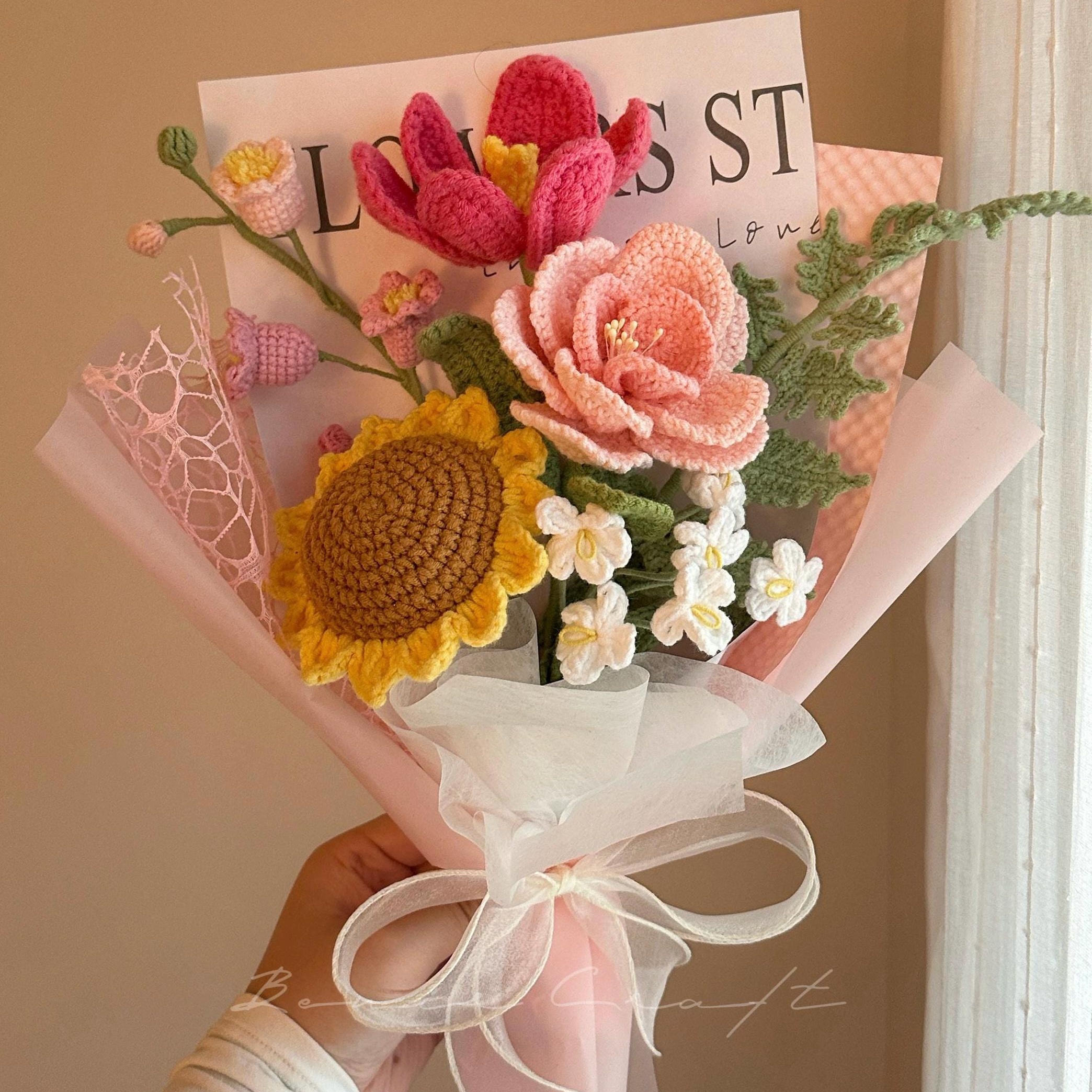 Handmade Crochet Flower Bouquet - 9 Styles | Lily Rose Peach Rainbow | Forever Gift - 图片 3