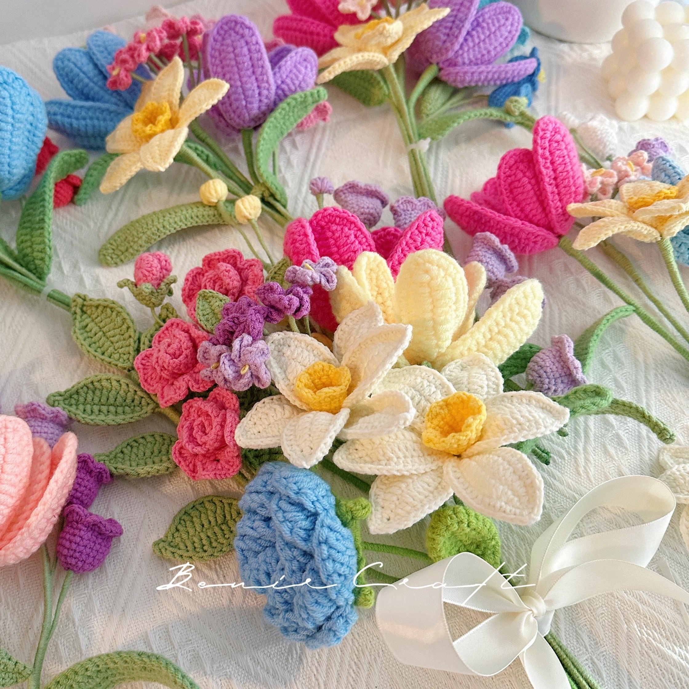 Handmade Crochet Flower Bouquet - 4 Styles | Basket Lily Peony | Forever Gift - 图片 3