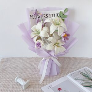 Handmade Crochet Lily Bouquet – 8 Styles | White Blue Rose Luxury | Forever Flowers
