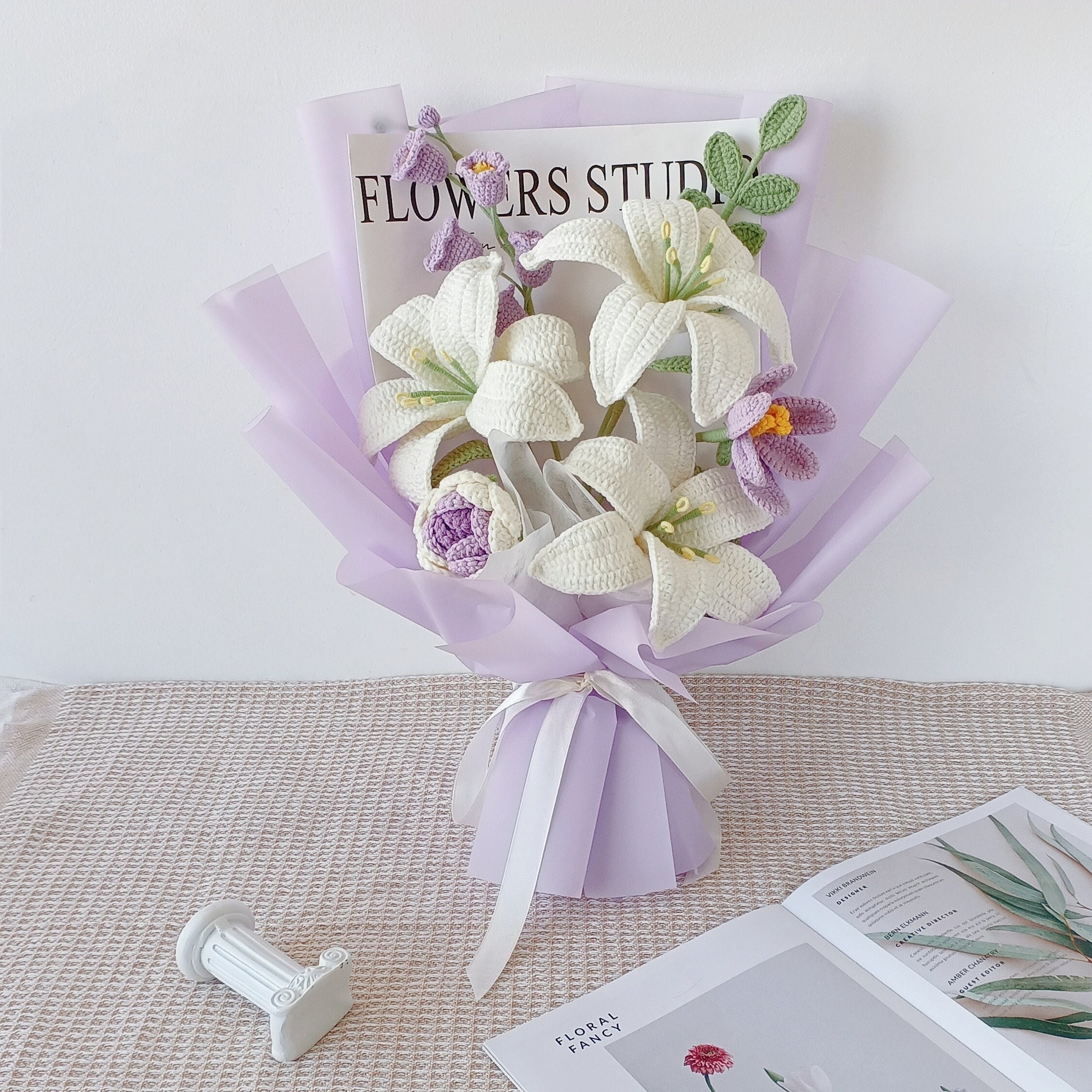 Handmade Crochet Lily Bouquet – 8 Styles | White Blue Rose Luxury | Forever Flowers