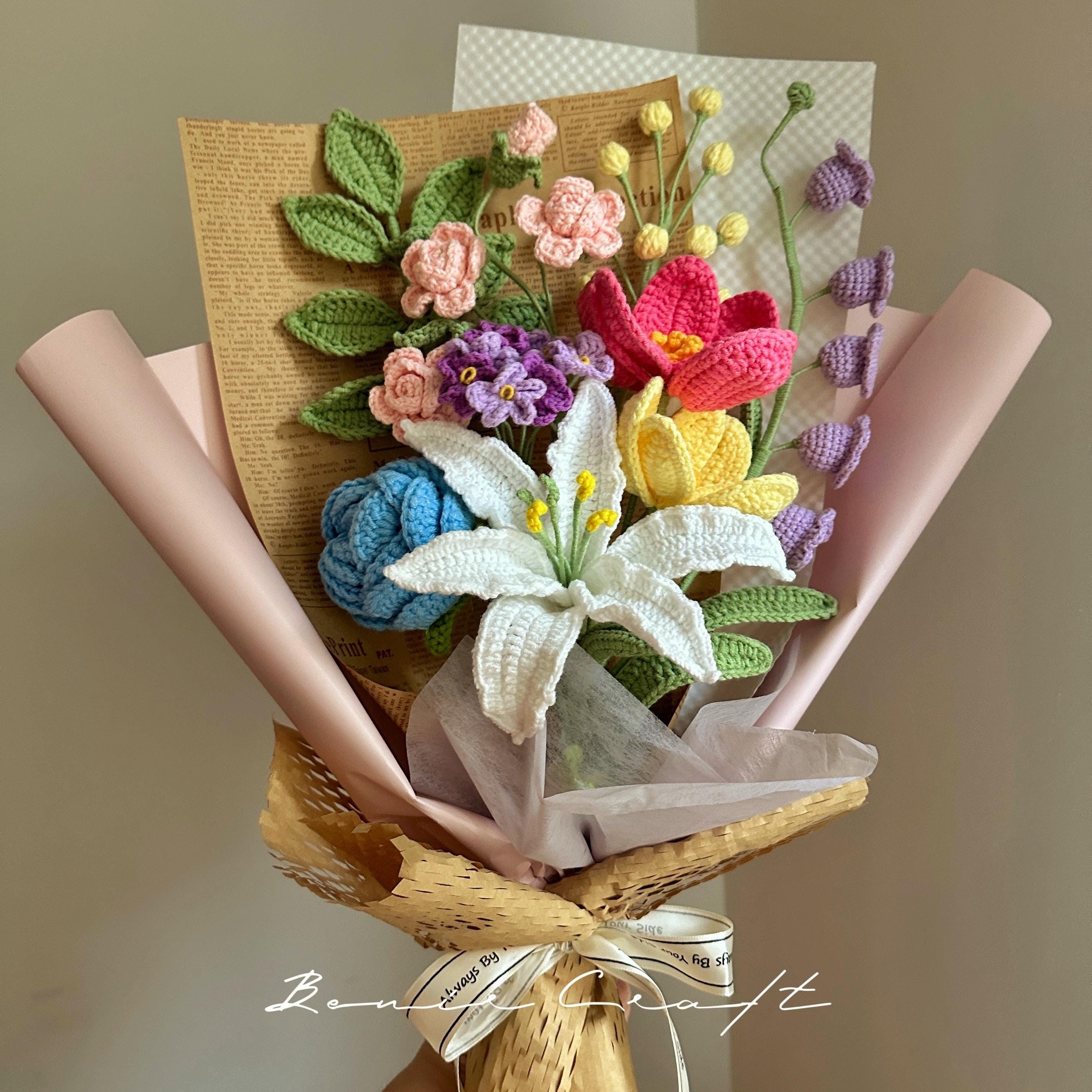 Handmade Crochet Flower Bouquet - 9 Styles | Lily Peony Rose | Forever Gift - 图片 2