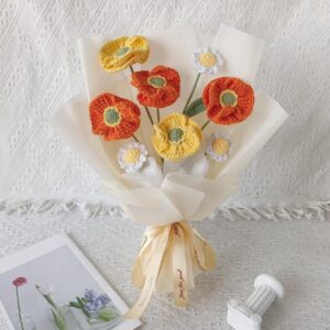 Handmade Crochet Poppy Bouquet & Vase – 4 Styles | Orange Pink | Forever Flowers