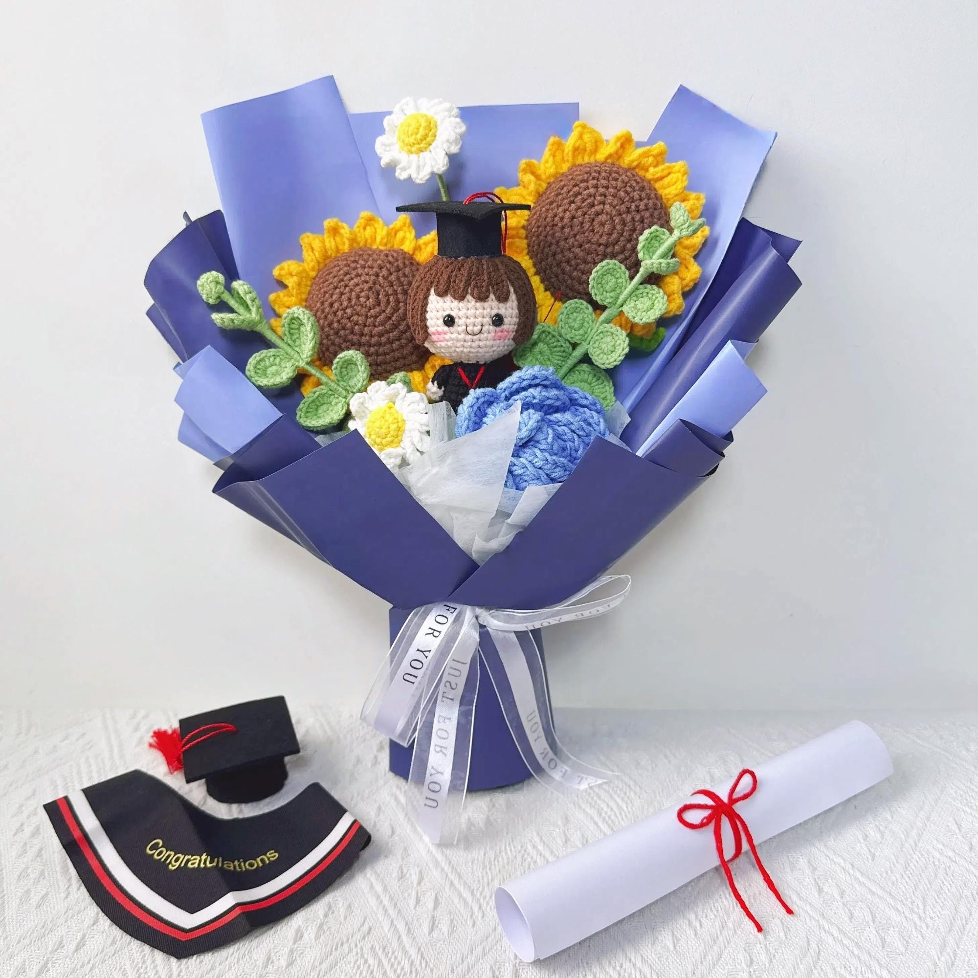 Handmade Crochet Graduation Bouquet with Character Doll – 5 Styles