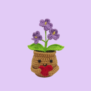 Crochet emotional potted plant positive plant PDF pattern with purple flowers and red heart